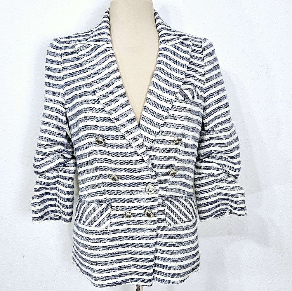 Veronica Beard Ryland Striped Cotton-Blend Tweed Blazer in Blue and White Size 8 - Picture 4 of 15